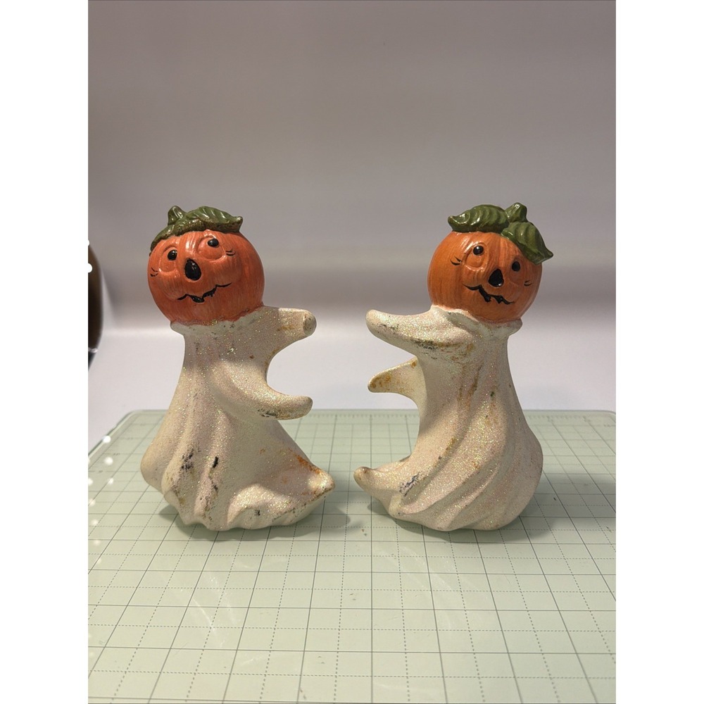 2 VINTAGE Halloween Pumpkin Head Ghost Ceramic Candle Holder Huggers 6"